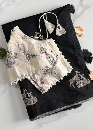 Premium Chanderi Saree with All-Over Deer Embroidery & Cotton Tassels S2502