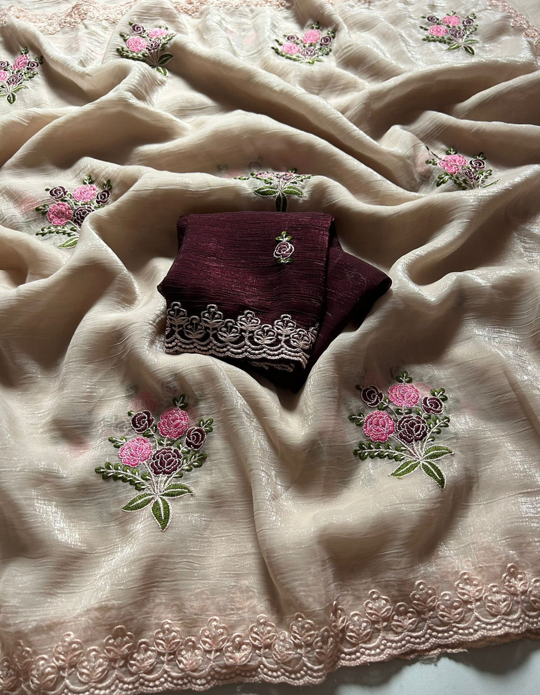 Pure Crush Silk Saree with All-Over Embroidery & Cut Work S2333