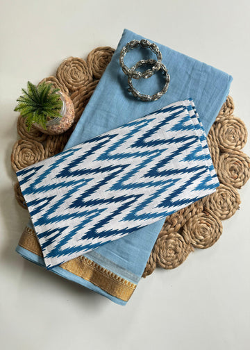 Blue Mul Cotton Saree with Ikat Print Blouse S2340