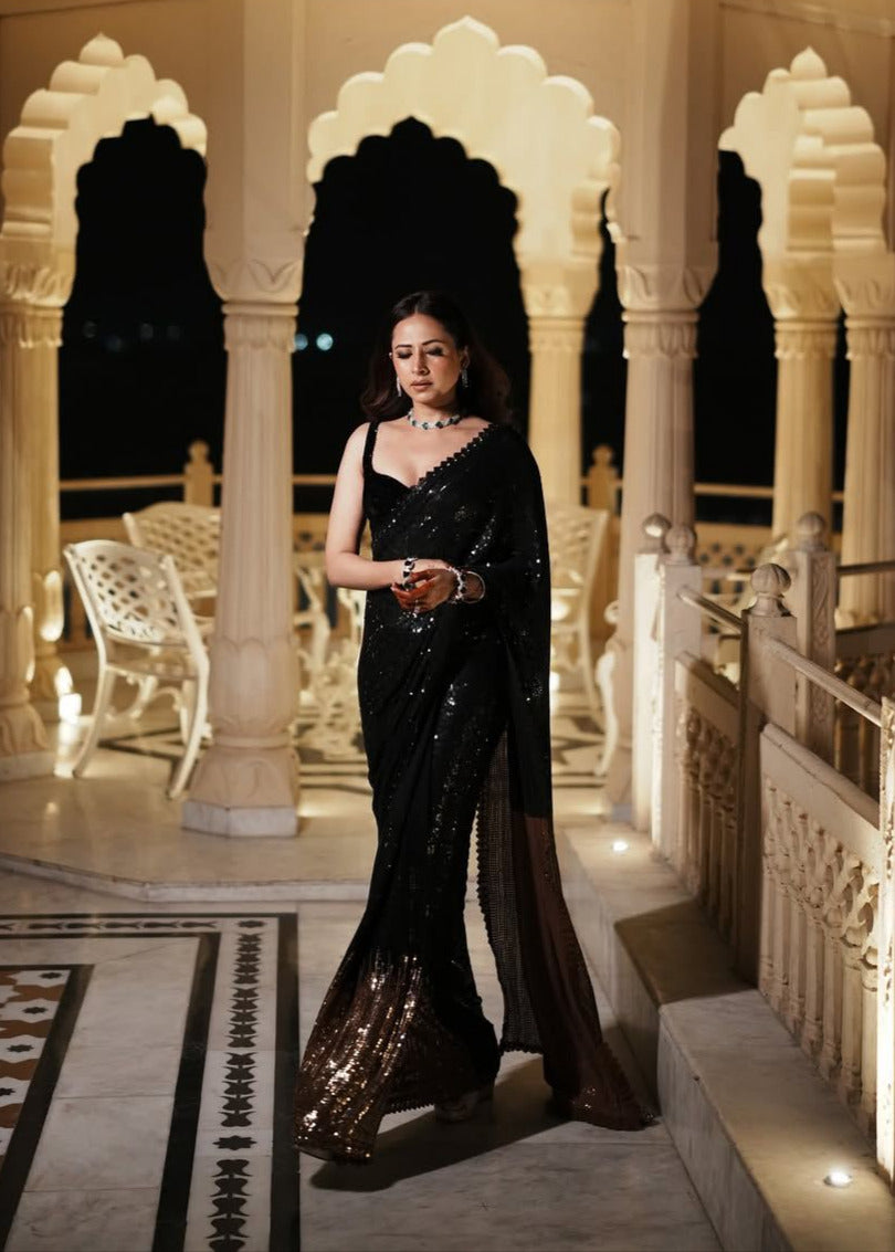 Bollywood Style Georgette  Sequin Embroidered Party Wear saree  DF-3458
