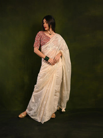 Premium Chanderi Cotton Saree with Exclusive Flower Work & Heavy Cotton Tassels S2007