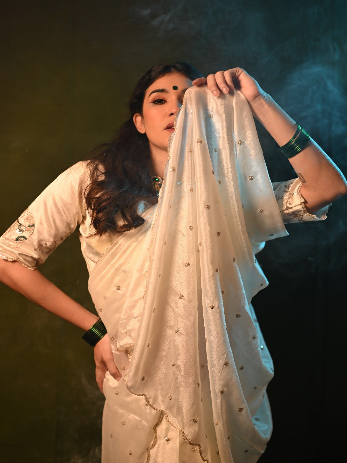 Full view of Chinon fabric saree draped elegantly with sequence work, perfect for special occasions