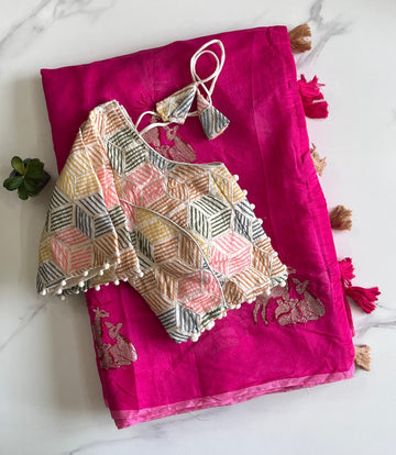 Pink Chanderi Embroidered Saree with Cotton Tassels S2506