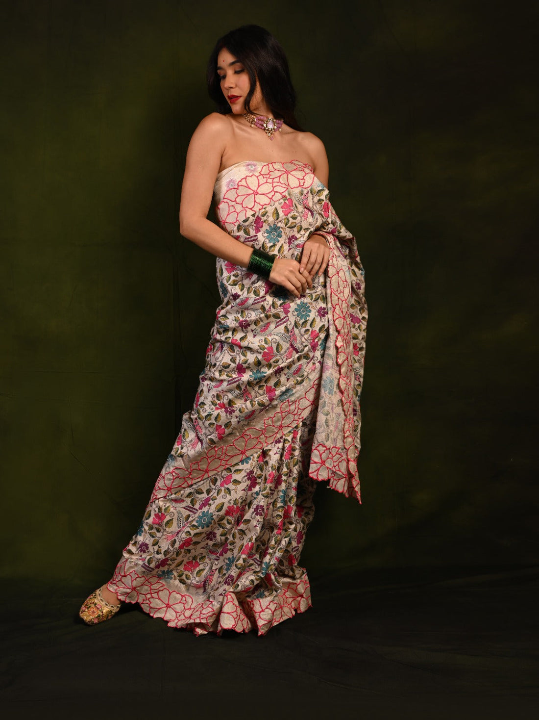 Luxurious Tussar Silk Saree with Digital Prints and Embroidered Cutwork S2018