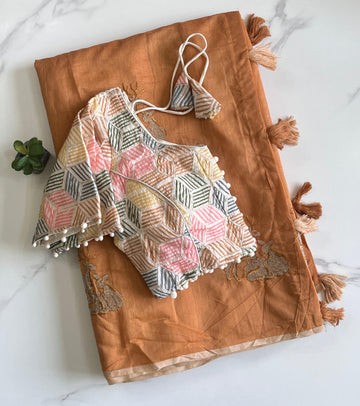 Mustard Chanderi Deer Embroidered Saree with Cotton Tassels S2510