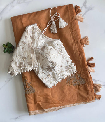 Mustard Chanderi Deer Embroidered Saree with Cotton Tassels S2511