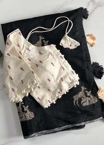 Black Chanderi Embroidered Saree with Cotton Tassels S2505