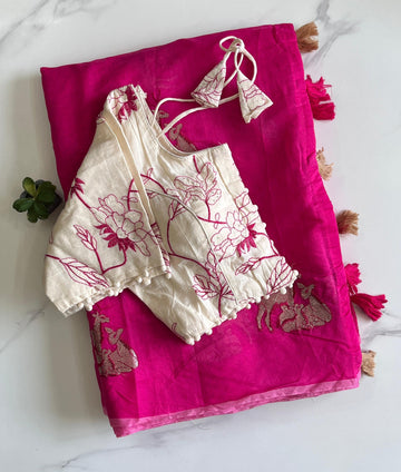 Pink Chanderi Embroidered Saree with Cotton Tassels S2507