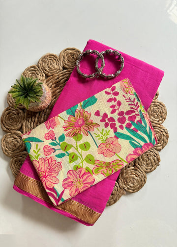 Pink Mul Cotton Saree with Zari Border & Floral Printed Blouse S2343