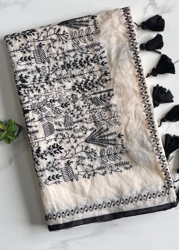 Premium Chanderi Saree with Elegant Embroidery Buttas & Cotton Tassel Pallu S2516