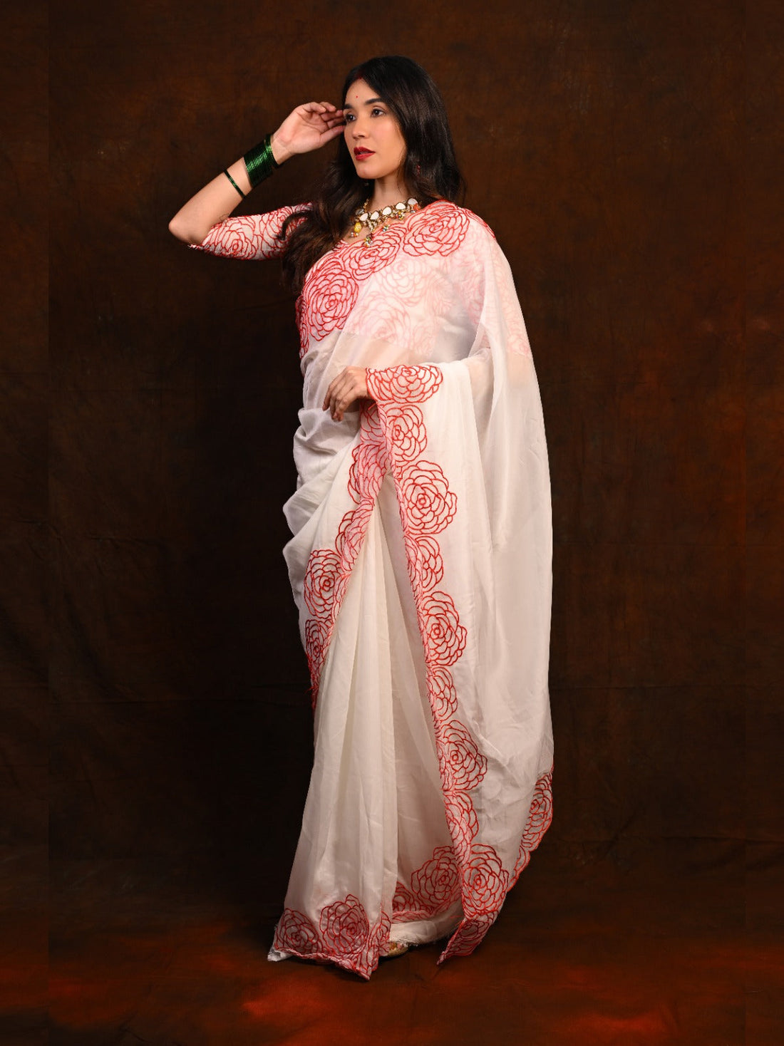 Pure Soft Organza Saree with Red Floral Thread Work D1152