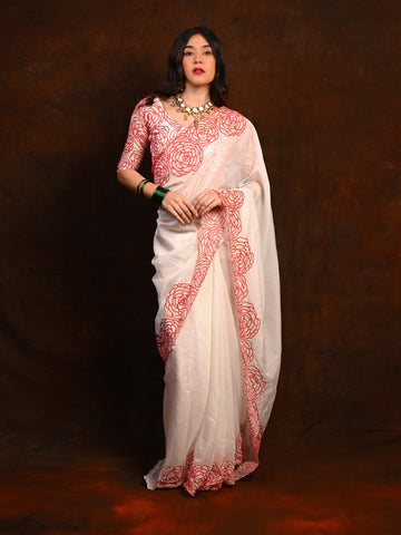 Pure Soft Organza Saree with Red Floral Thread Work D1152