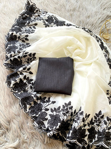 Pure Soft Organza Saree with Black Scalloping & Cutwork S2349