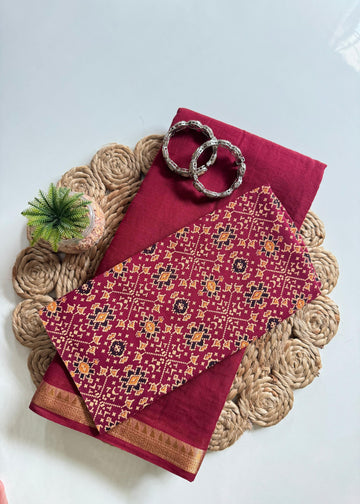 Maroon Mul Cotton Saree with Resham Weaving Border & Ikat Design S2338