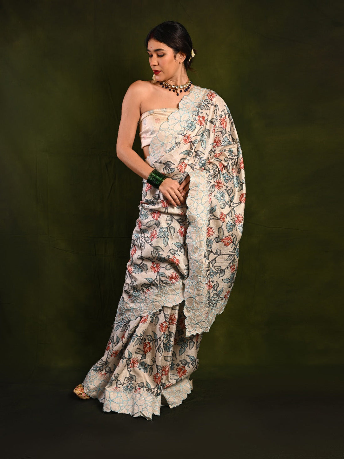 Tussar Silk Saree with Digital Print & Embroidered Cutwork S2016