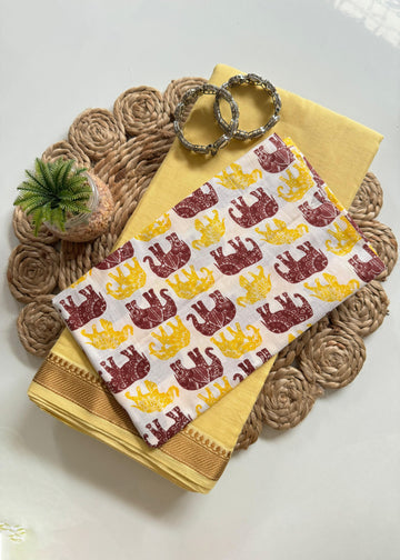 Yellow Mul Cotton Saree with Elephant Print Blouse S2339
