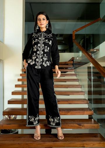 Black Floral & Geometric Embroidered Cotton Co-ord Set D6273