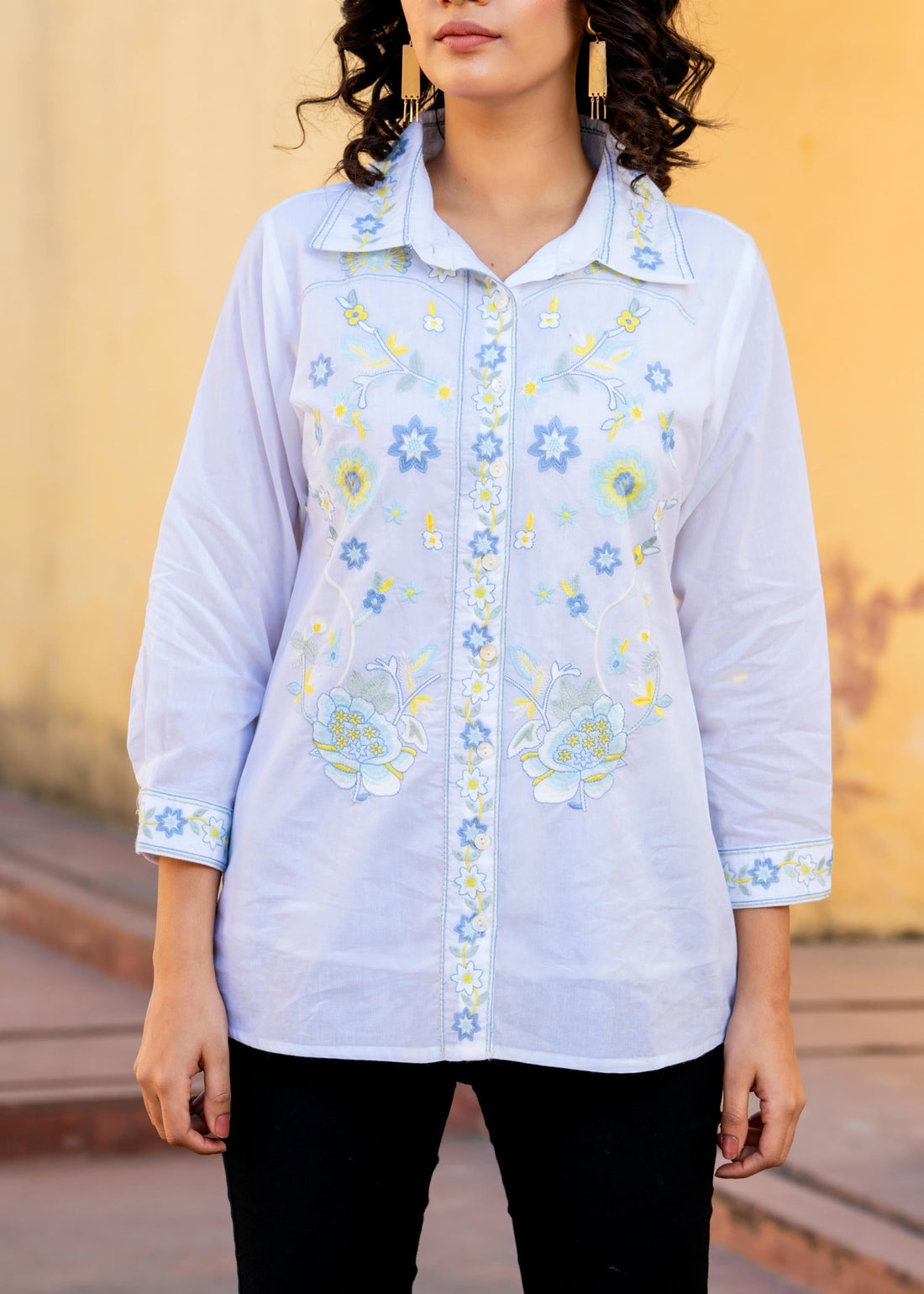 Sky Bloom Embroidered White Pure Cotton Shirt Top D6275