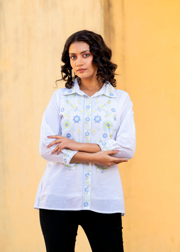 Sky Bloom Embroidered White Pure Cotton Shirt Top D6275