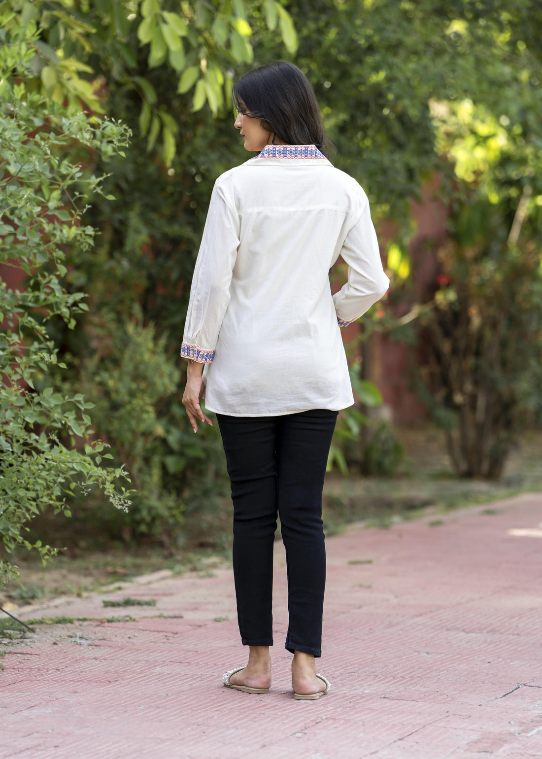 Garden Whispers Multicolor Embroidered White Pure Cotton Shirt Top D6276