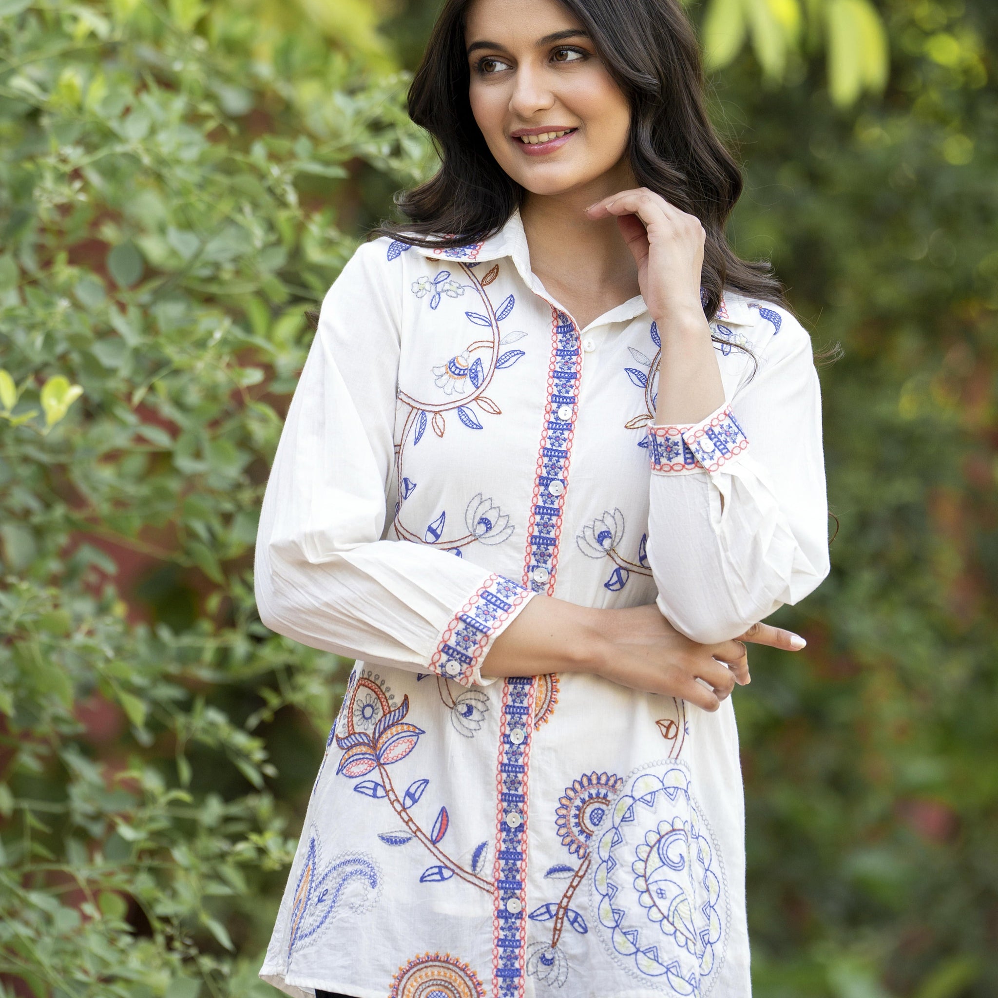 Garden Whispers Multicolor Embroidered White Pure Cotton Shirt Top D6276