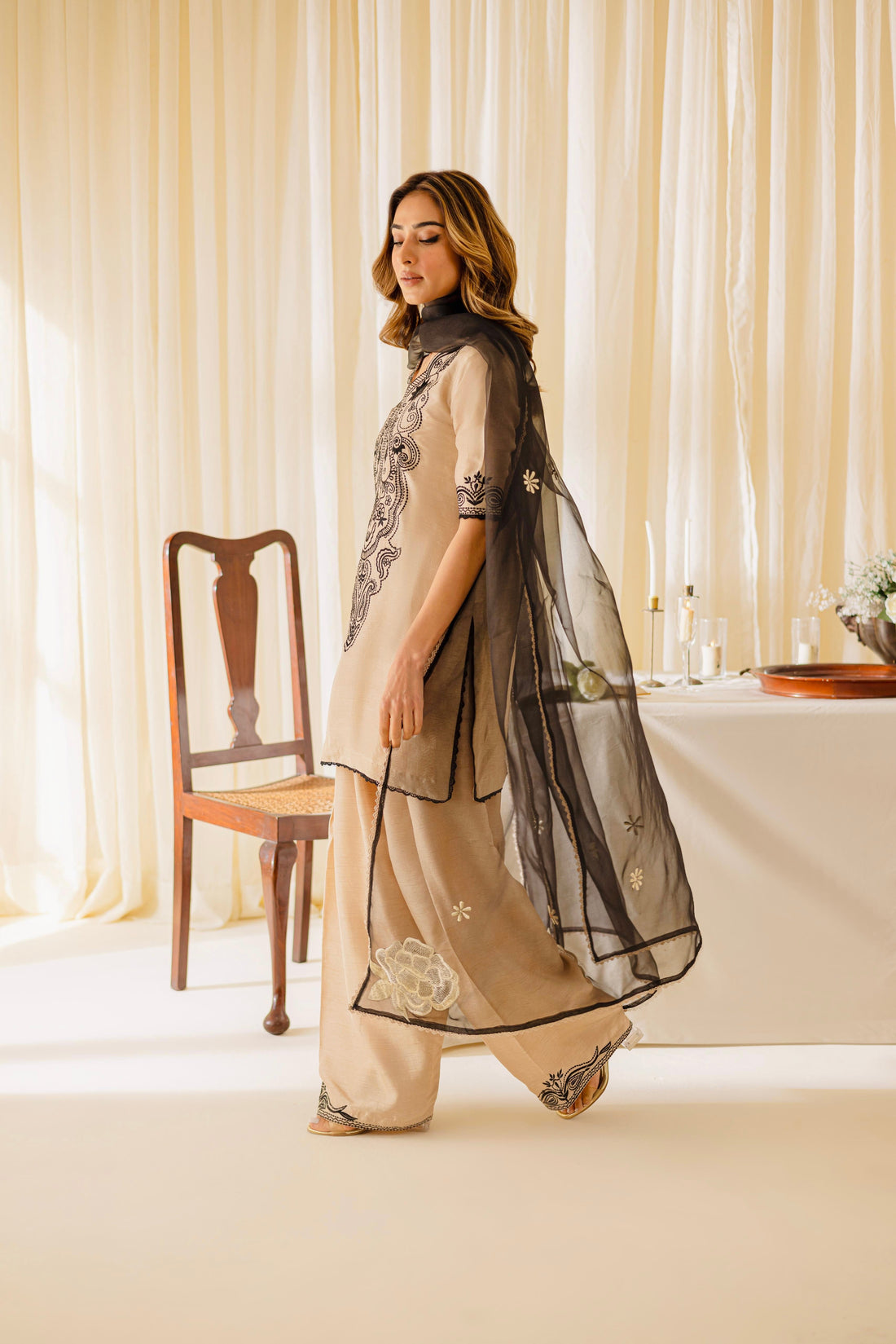 "Elegant Beige Kurta Set with Intricate Black Embroidery and Chiffon Dupatta" D6324