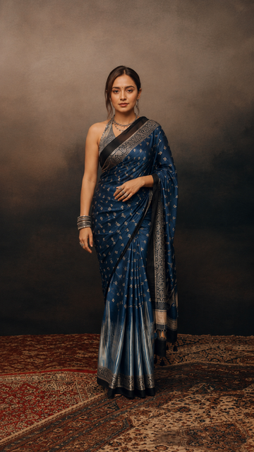Navy Blue Ethnic Printed Georgette Saree for Festive & Party Wear S17