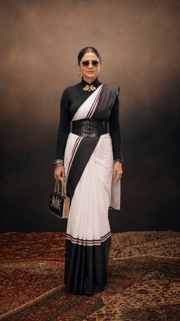 Modern Satin Silk Saree in Ivory & Black | Refined Statement Wear S16