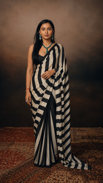 Celebrity Look Black & white Stripe Printed Silk Saree | Elegant Designer Party Wear S12