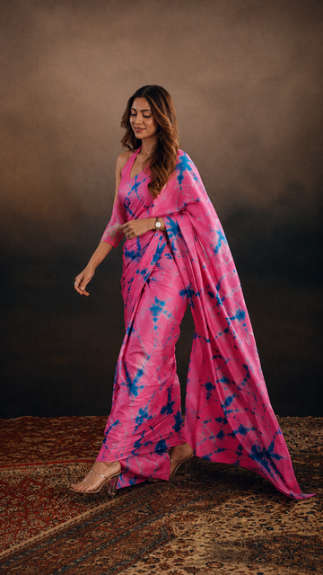 Celebrity-Inspired Fuchsia Satin Silk Saree with Abstract Elegance S10
