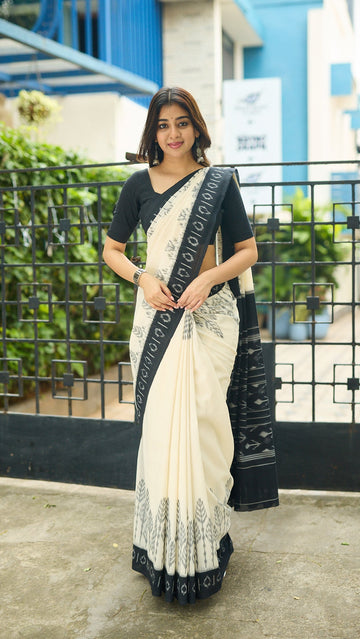 Printed Linen Saree in Ivory with Black Border | Lightweight Ethnic Wear S15