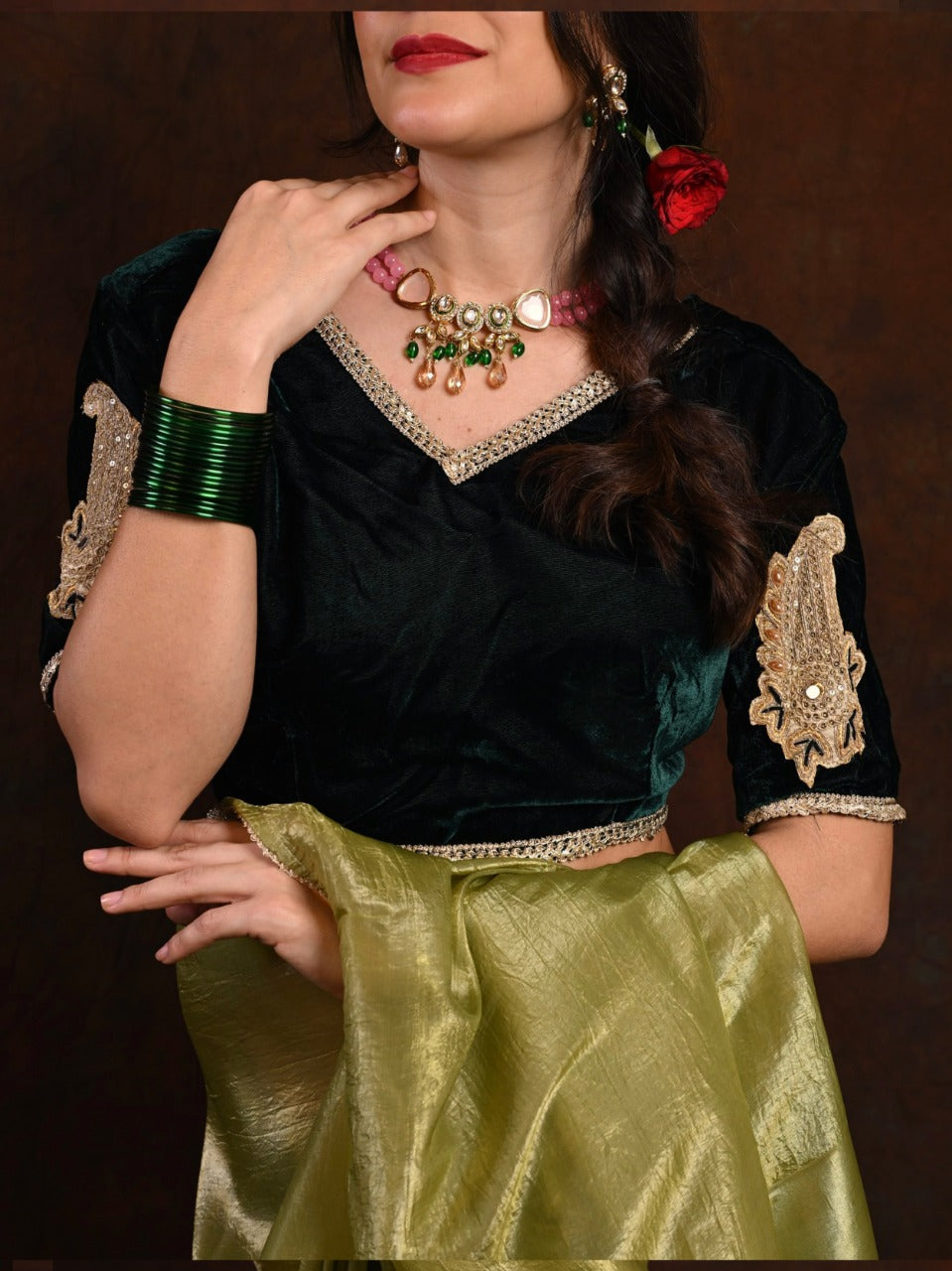 Designer Tissue Crush Silk Saree with Golden Zari Work and Maroon Velvet Blouse D1077