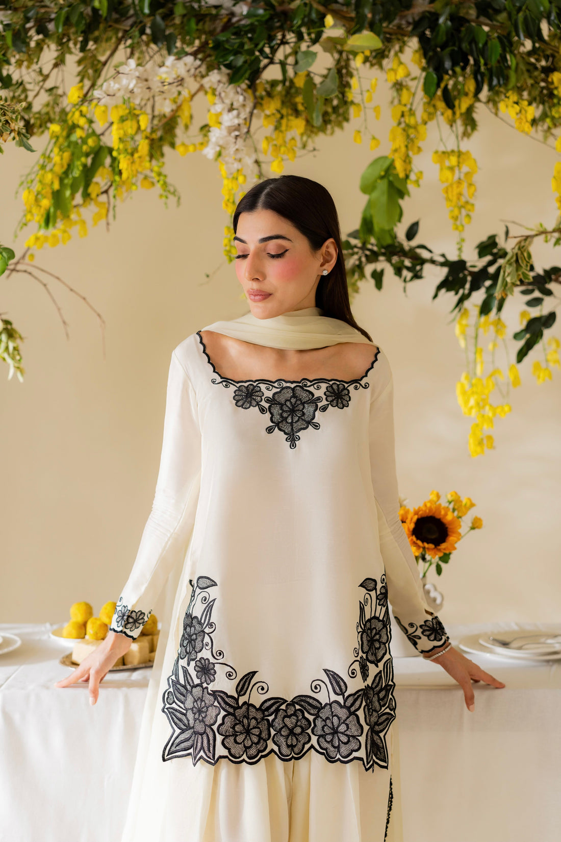 Ivory White Ensemble with Intricate Black Threadwork Square Neck Kurta Set  D6323