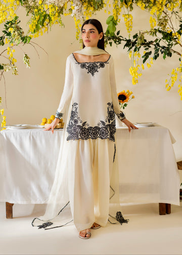 Ivory White Ensemble with Intricate Black Threadwork Square Neck Kurta Set  D6323