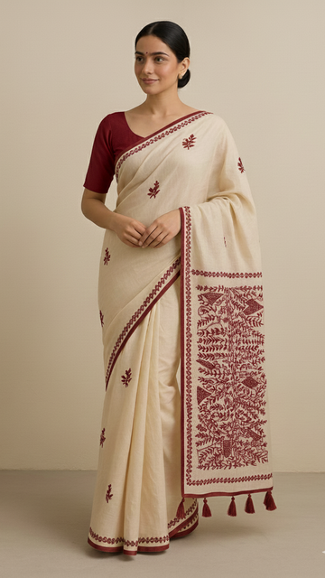 Vintage Charm Saree in Off-White With Embroidery S-0030