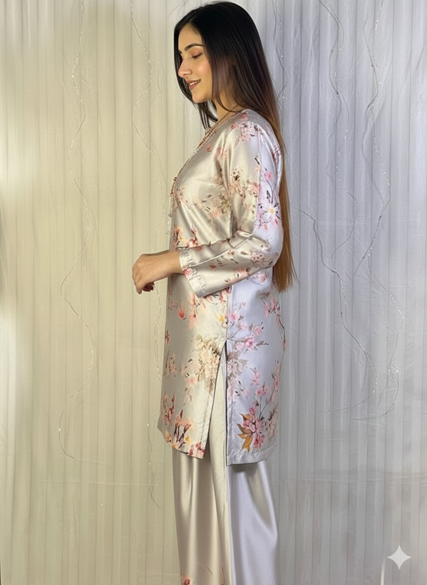 Chic Floral Printed Satin Co-ord Set for Parties & Casual Wear D6314