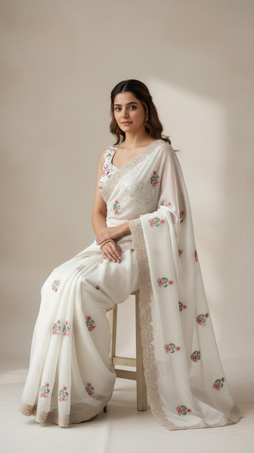 The 'Moonlit Garden' Saree | Exquisite Handwork on Sheer White Fabric  SD-1011