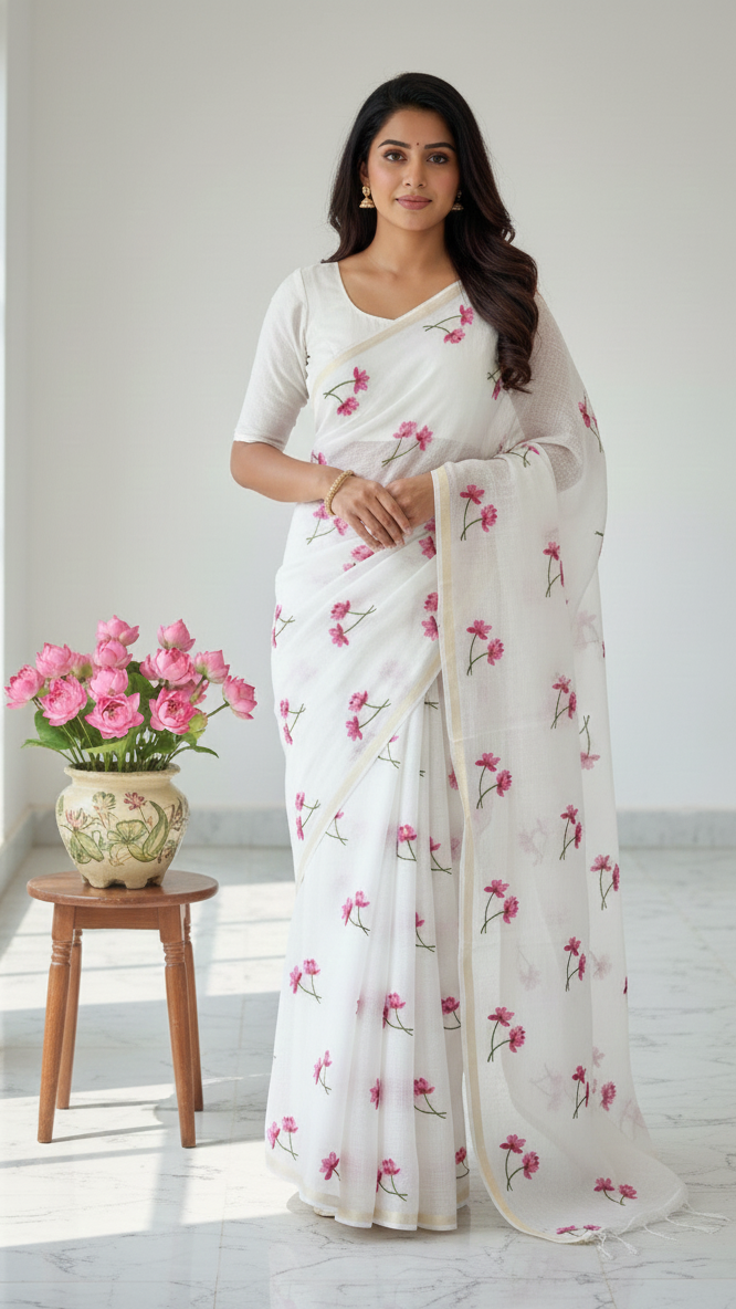 Blooming Blossom White Saree S-0036
