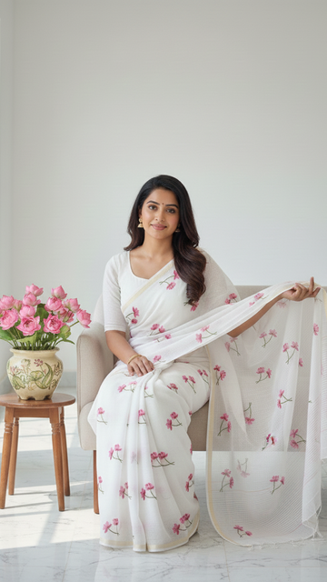 Blooming Blossom White Saree S-0036