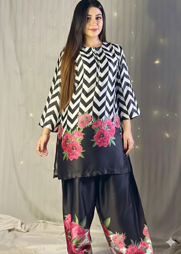 Black & White Satin Kurta Set with Pink Floral Motif Print D6313