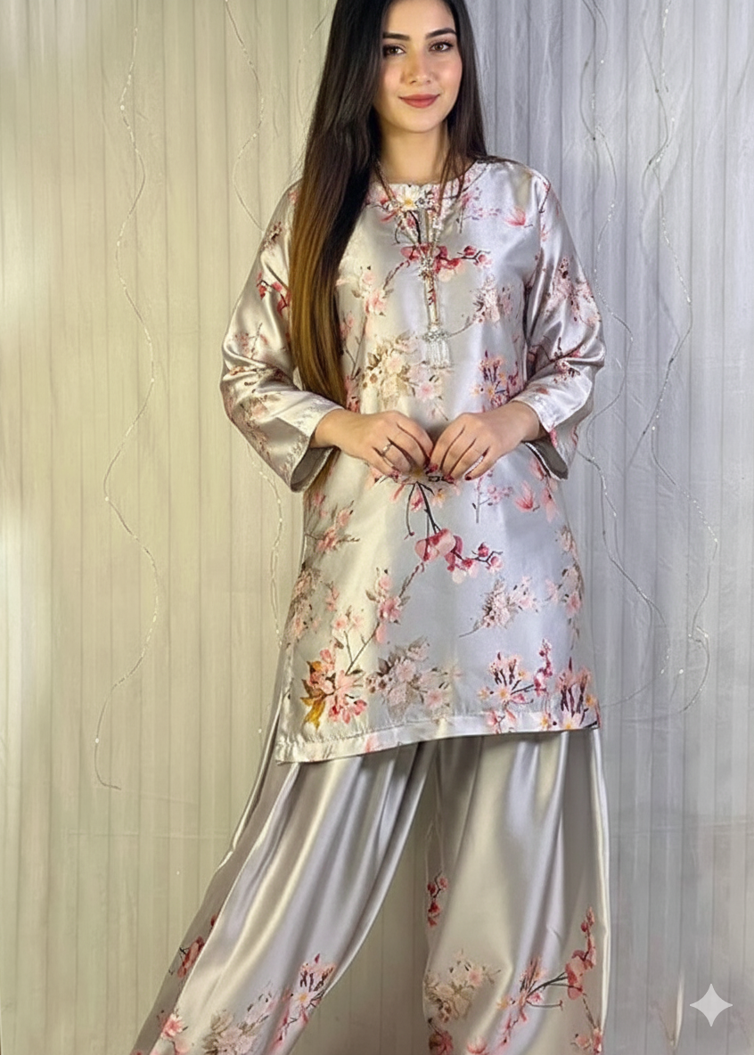 Chic Floral Printed Satin Co-ord Set for Parties & Casual Wear D6314