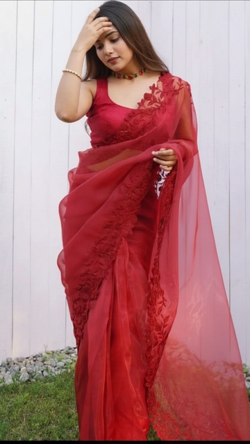 Crimson Bloom Organza Saree (Maroon) S-0032