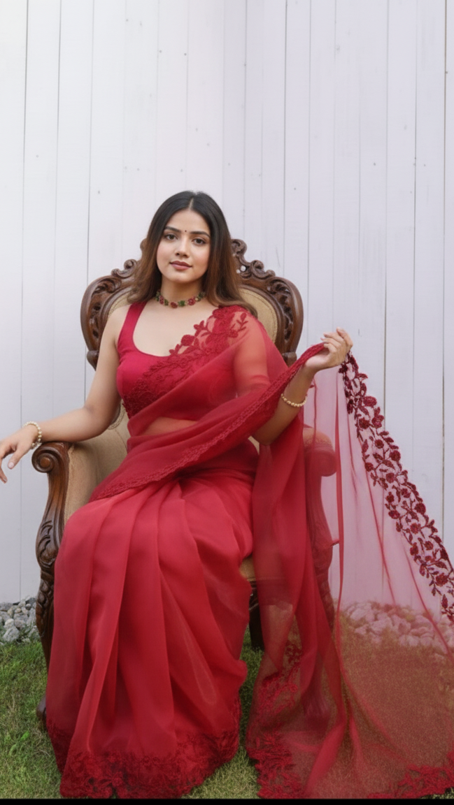 Crimson Bloom Organza Saree (Maroon) S-0032