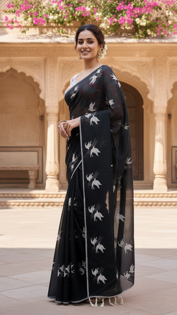 Saree with Bird Motifs And Stiched Blouse  SD-1029