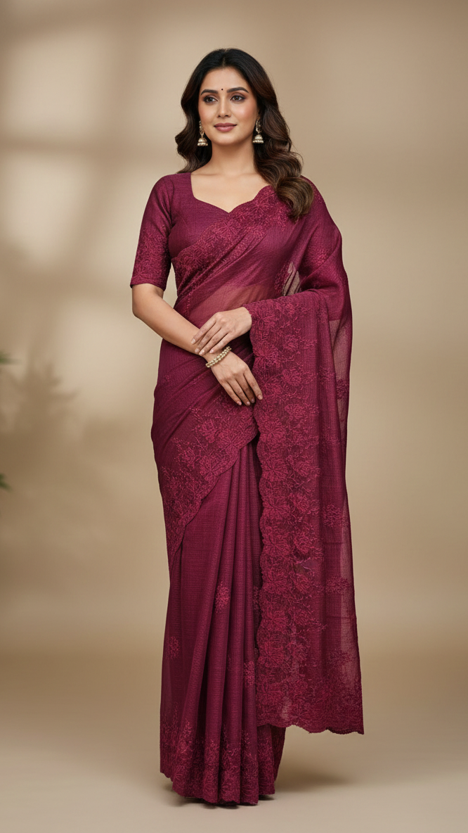 Magenta Floral Embroidered Designer Saree  (Burgundy)  S-0040