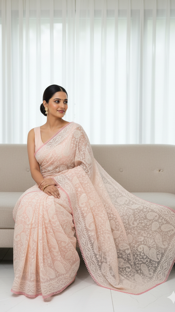Chikankari Organza Saree Blush Pink Kashmiri Weave Saree S-0026
