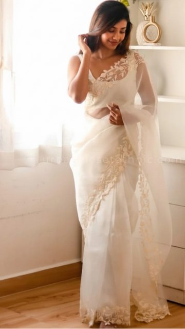 Crimson Bloom Organza Saree (WHITE) S-0038