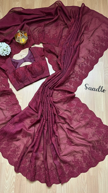 Magenta Floral Embroidered Designer Saree  (Burgundy)  S-0040