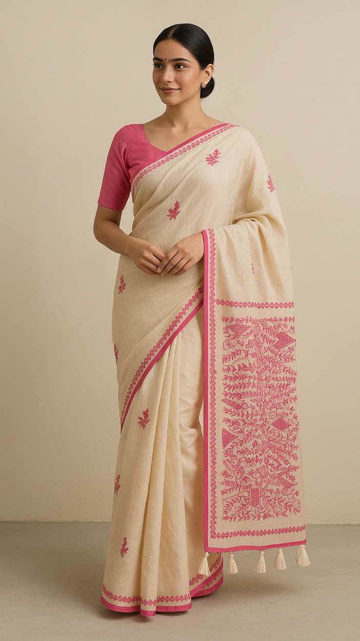 Vintage Charm Saree in Off-White With Embroidery S-0030
