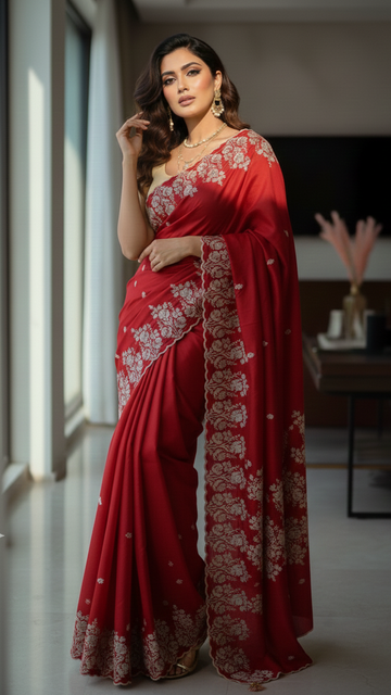 Heritage Bloom Embroidered Designer Saree S-0031